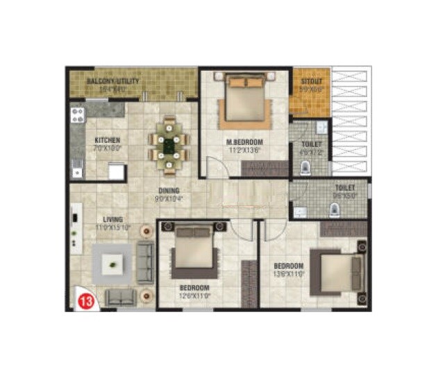 Floor plan of 3 BHK 1385 Sq. Ft. Apartment in Sri Balaji Emerald, Bangalore