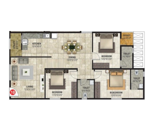 Floor plan of 3 BHK 1448 Sq. Ft. Apartment in Sri Balaji Emerald, Bangalore