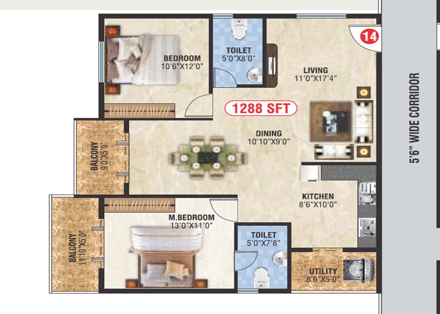 2 BHK 1288 Sq. Ft. Apartment