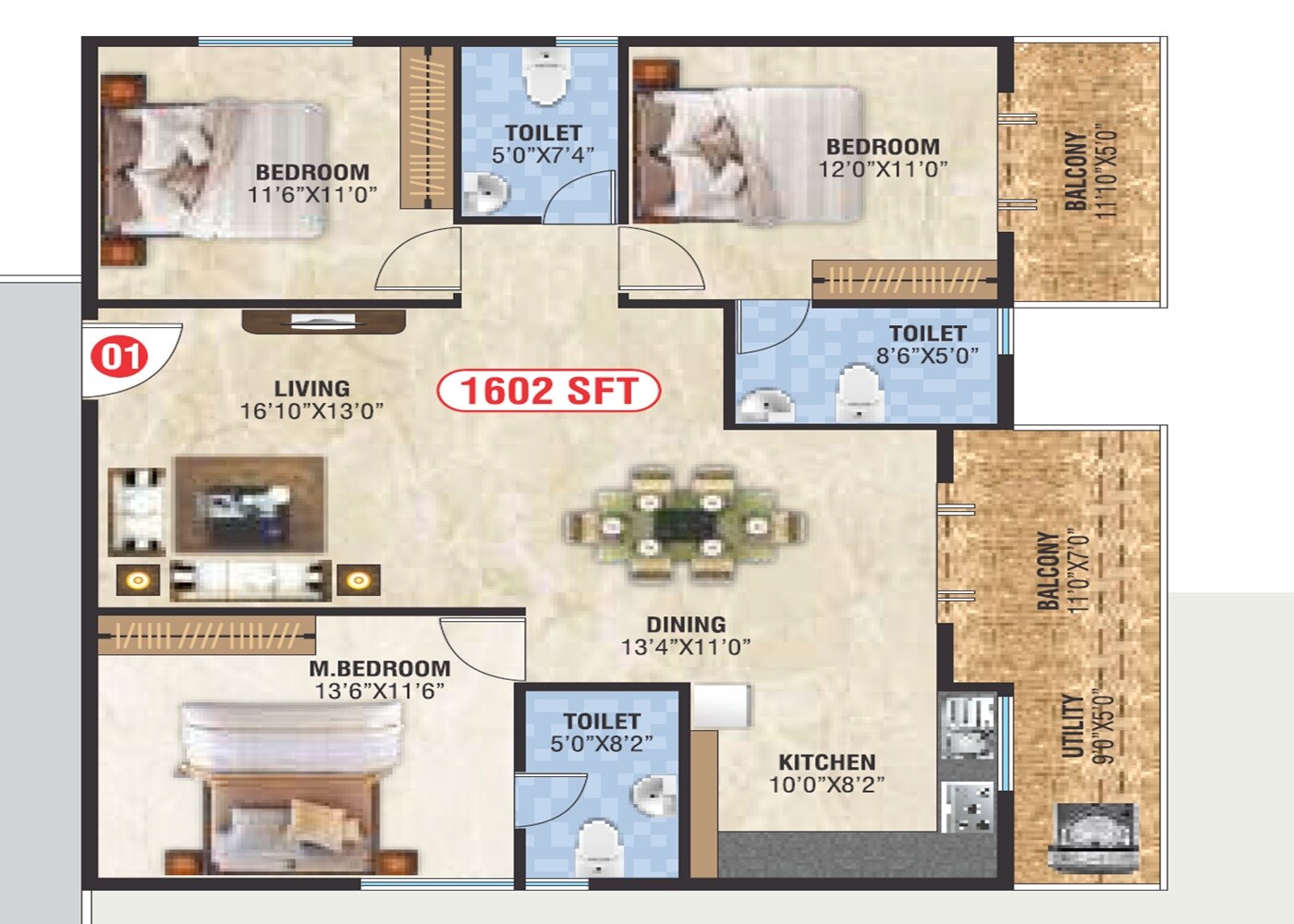 Floor plan of 3 BHK 1602 Sq. Ft. Apartment in Sri Balaji Grand, Bangalore