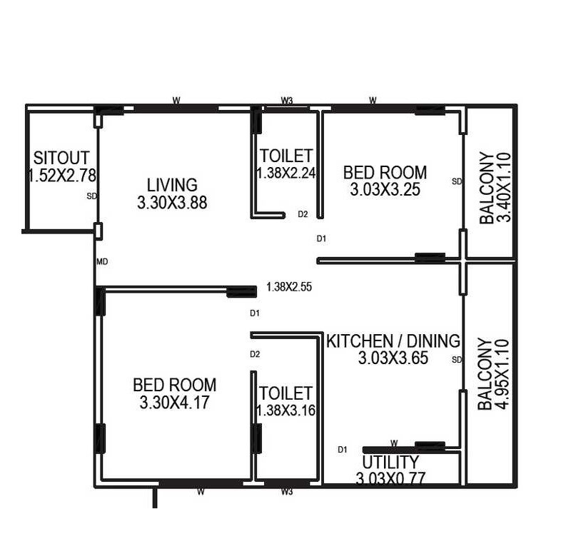 Floor plan of 2 BHK 1245 Sq. Ft. Apartment in Sri Balaji Green Woods, Bangalore