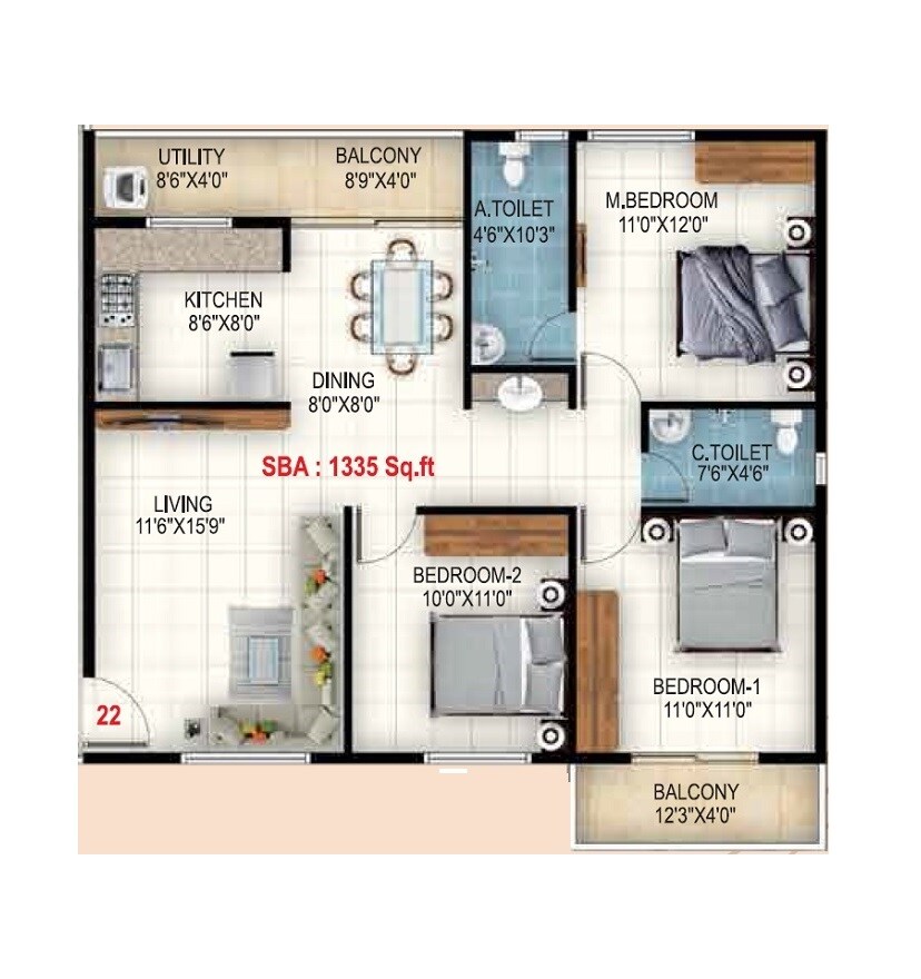 3 BHK 1335 Sq. Ft. Apartment