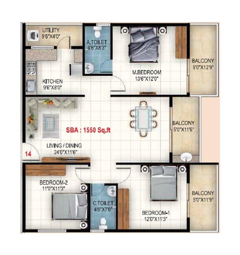 3 BHK 1550 Sq. Ft. Apartment