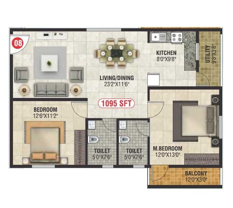 2 BHK 1095 Sq. Ft. Apartment