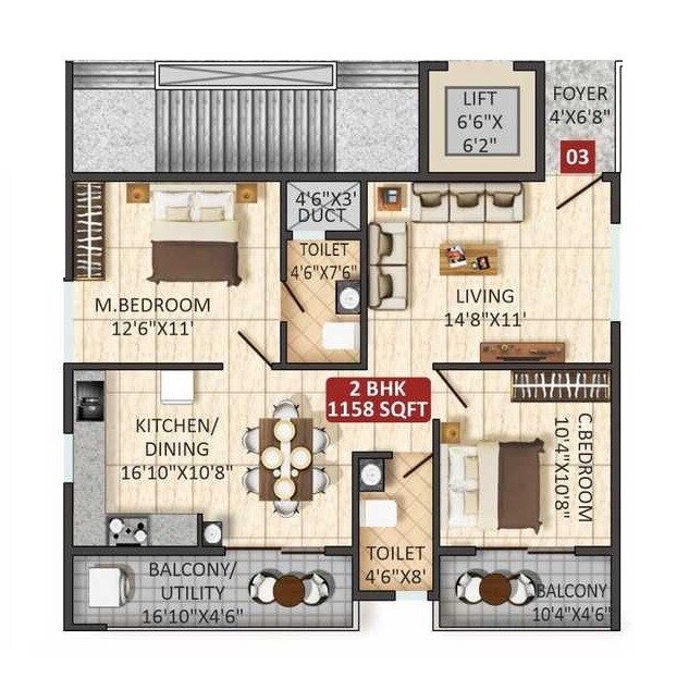Floor plan of 2 BHK 1158 Sq. Ft. Apartment in Sri Balaji Serene, Bangalore
