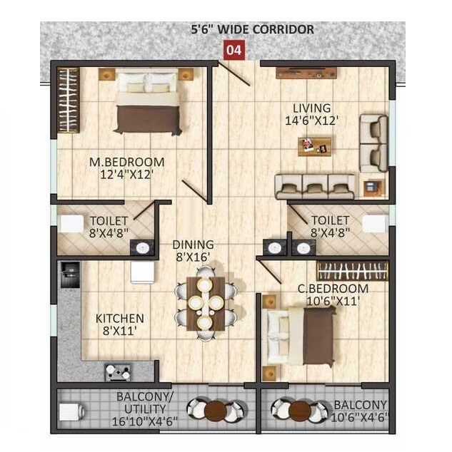 Floor plan of 2 BHK 1381 Sq. Ft. Apartment in Sri Balaji Serene, Bangalore