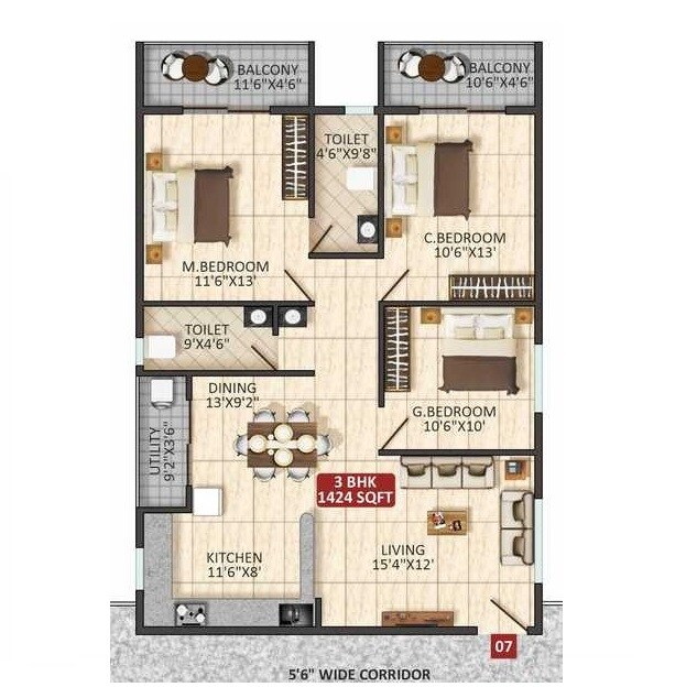 Floor plan of 3 BHK 1424 Sq. Ft. Apartment in Sri Balaji Serene, Bangalore