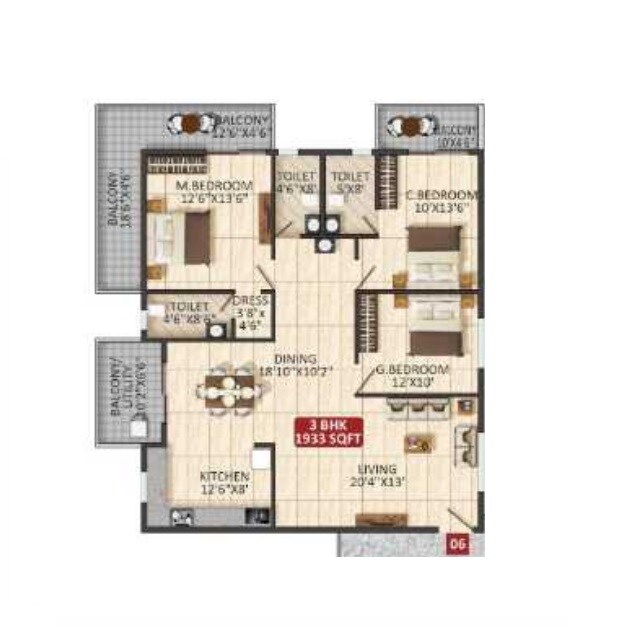 Floor plan of 3 BHK 1933 Sq. Ft. Apartment in Sri Balaji Serene, Bangalore