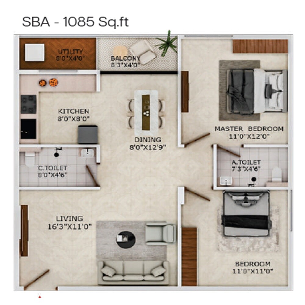 Floor plan of 2 BHK 1085 Sq. Ft. Apartment in Sri Balaji Vaibhav, Bangalore