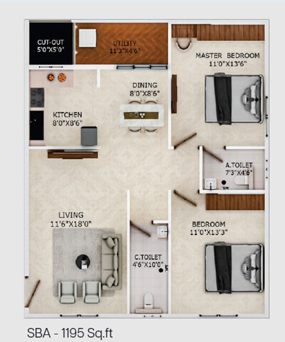 Floor plan of 2 BHK 1195 Sq. Ft. Apartment in Sri Balaji Vaibhav, Bangalore