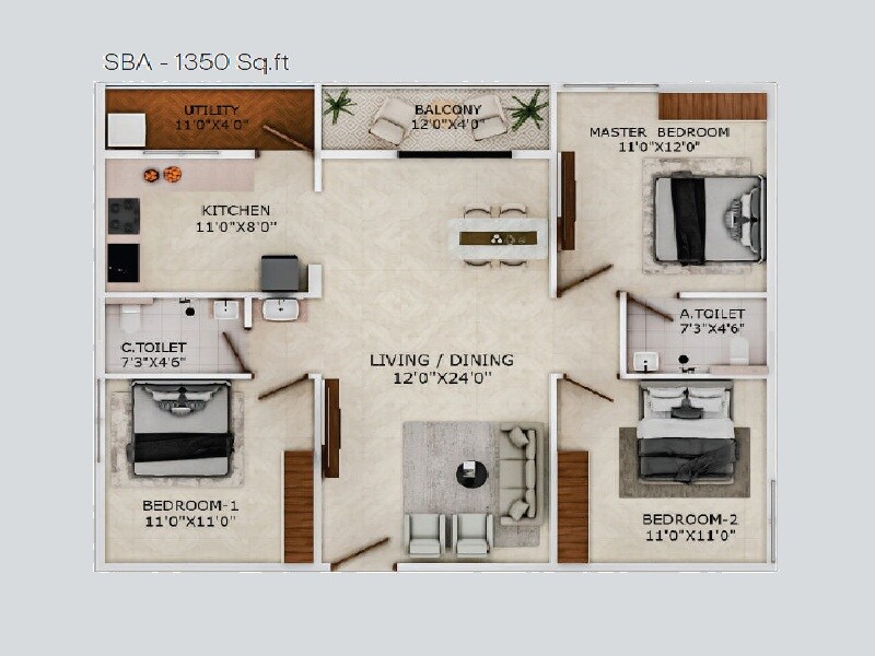 Floor plan of 3 BHK 1350 Sq. Ft. Apartment in Sri Balaji Vaibhav, Bangalore