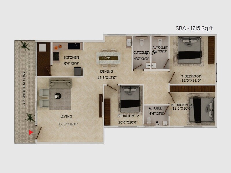 Floor plan of 3 BHK 1715 Sq. Ft. Apartment in Sri Balaji Vaibhav, Bangalore