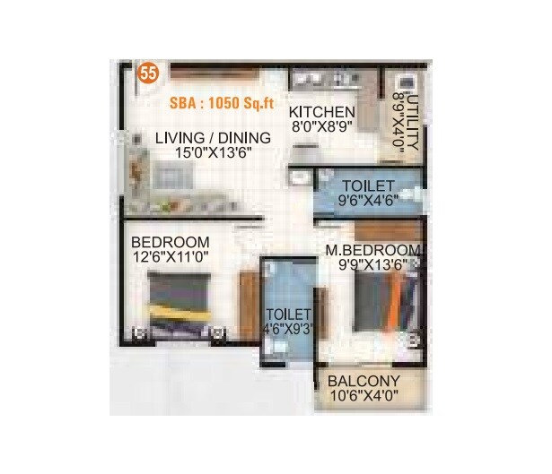 Floor plan of 2 BHK 1050 Sq. Ft. Apartment in Sri Balaji White Woods, Bangalore