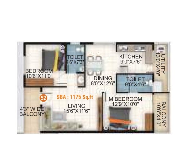 Floor plan of 2 BHK 1175 Sq. Ft. Apartment in Sri Balaji White Woods, Bangalore