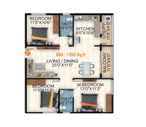 Floor plan of 3 BHK 1350 Sq. Ft. Apartment in Sri Balaji White Woods, Bangalore