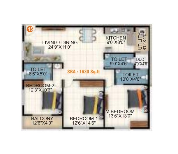Floor plan of 3 BHK 1630 Sq. Ft. Apartment in Sri Balaji White Woods, Bangalore