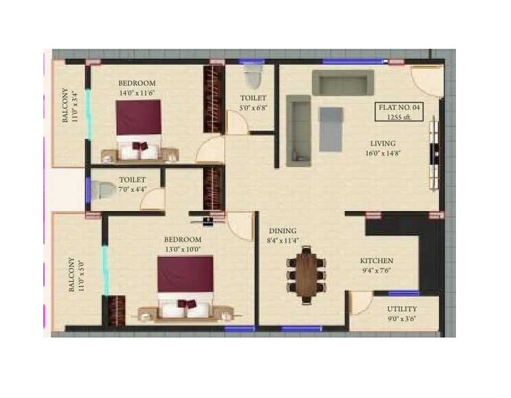 Floor plan of 2 BHK 1255 Sq. Ft. Apartment in Sri Bhoomika Sunshine, Bangalore