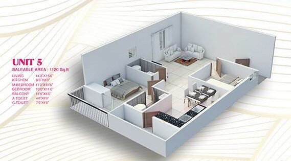 Floor plan of 2 BHK 1120 Sq. Ft. Apartment in Sri Brindavan, Bangalore