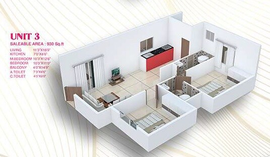 Floor plan of 2 BHK 930 Sq. Ft. Apartment in Sri Brindavan, Bangalore