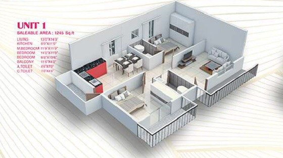Floor plan of 3 BHK 1245 Sq. Ft. Apartment in Sri Brindavan, Bangalore
