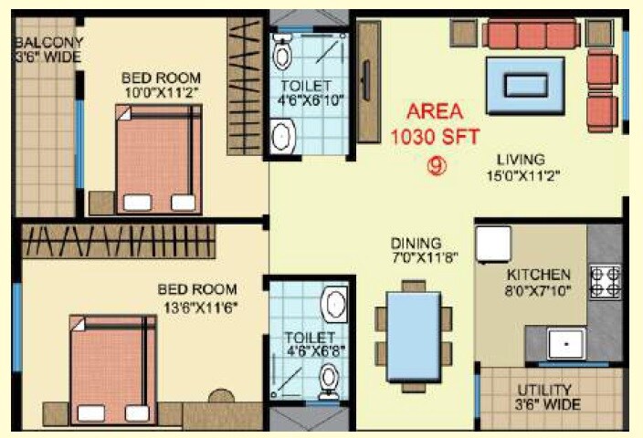 Floor plan of 2 BHK 1030 Sq. Ft. Apartment in Sri Chakra Blossom, Bangalore