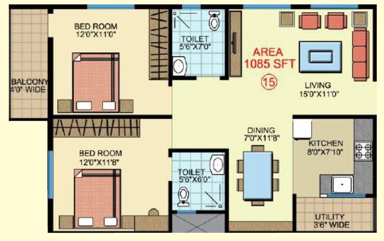 Floor plan of 2 BHK 1185 Sq. Ft. Apartment in Sri Chakra Blossom, Bangalore