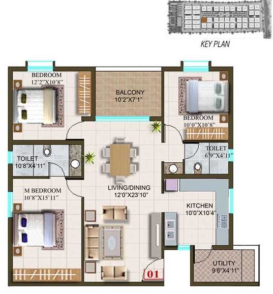 Floor plan of 3 BHK 1726 Sq. Ft. Apartment in Sri Chowdeshwari Thirumala Lakshmi Vaibhav, Bangalore
