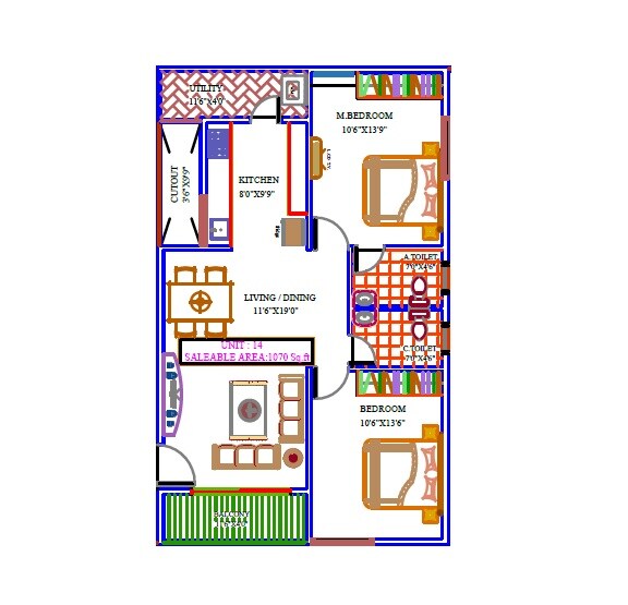 Floor plan of 2 BHK 1070 Sq. Ft. Apartment in Sri Garudadri Gardenia, Bangalore