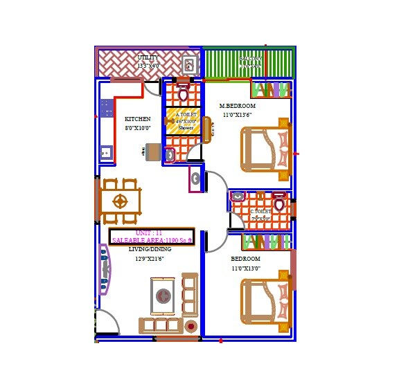 Floor plan of 2 BHK 1190 Sq. Ft. Apartment in Sri Garudadri Gardenia, Bangalore