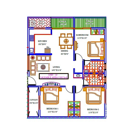 Floor plan of 3 BHK 1300 Sq. Ft. Apartment in Sri Garudadri Gardenia, Bangalore