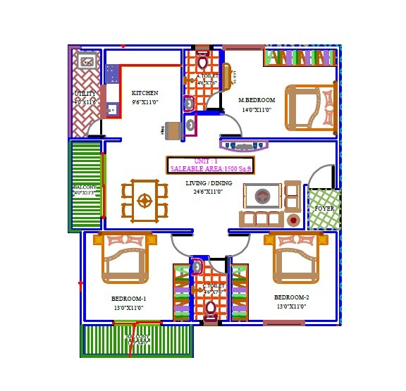 Floor plan of 3 BHK 1500 Sq. Ft. Apartment in Sri Garudadri Gardenia, Bangalore