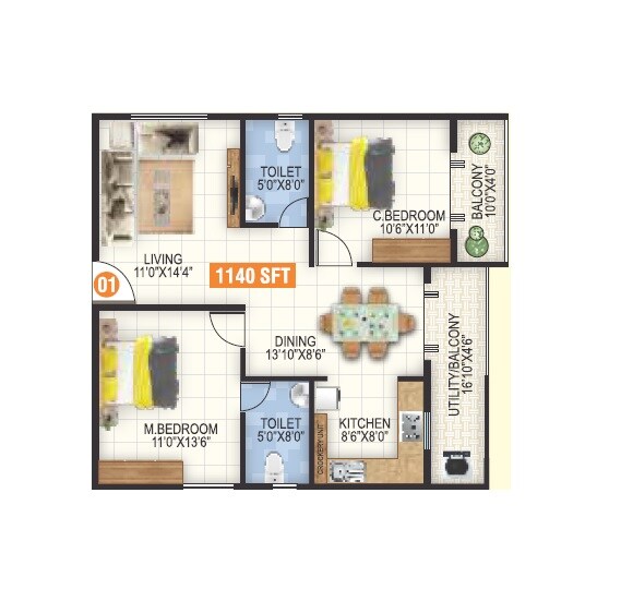 Floor plan of 2 BHK 1140 Sq. Ft. Apartment in Sri Garudapriya Sunshine, Bangalore