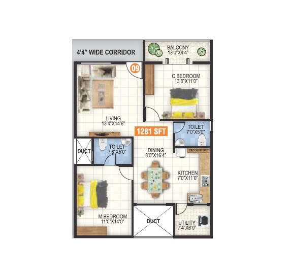Floor plan of 2 BHK 1281 Sq. Ft. Apartment in Sri Garudapriya Sunshine, Bangalore