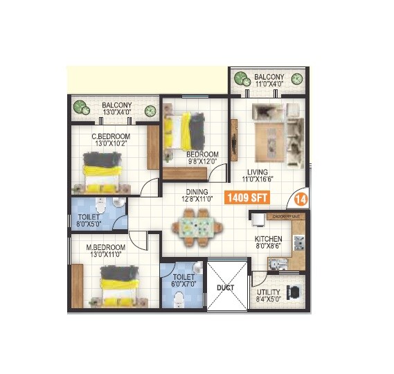 Floor plan of 3 BHK 1409 Sq. Ft. Apartment in Sri Garudapriya Sunshine, Bangalore
