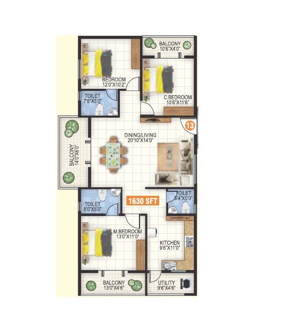 Floor plan of 3 BHK 1630 Sq. Ft. Apartment in Sri Garudapriya Sunshine, Bangalore