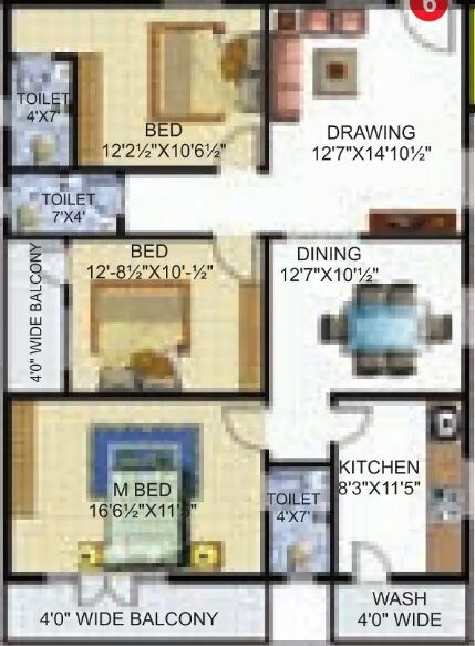 Floor plan of 3 BHK 1617 Sq. Ft. Apartment in Sri Krishna Excel Stone, Bangalore
