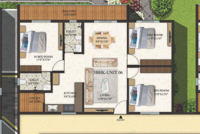 Floor plan of 3 BHK 1325 Sq. Ft. Apartment in Sri Mahalakshmi Urban Touch, Bangalore