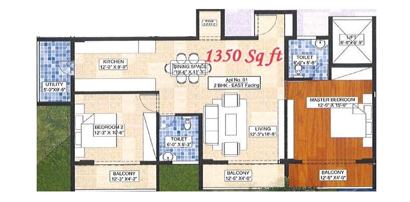 Floor plan of 2 BHK 1350 Sq. Ft. Apartment in Sri Malleshwaram Enclave, Bangalore