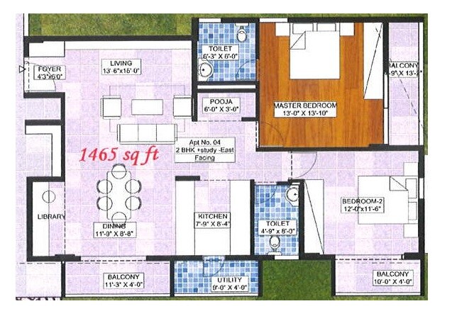 Floor plan of 2 BHK 1465 Sq. Ft. Apartment in Sri Malleshwaram Enclave, Bangalore