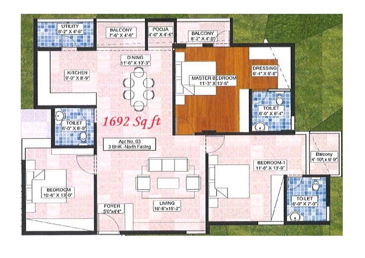 Floor plan of 2 BHK 1692 Sq. Ft. Apartment in Sri Malleshwaram Enclave, Bangalore