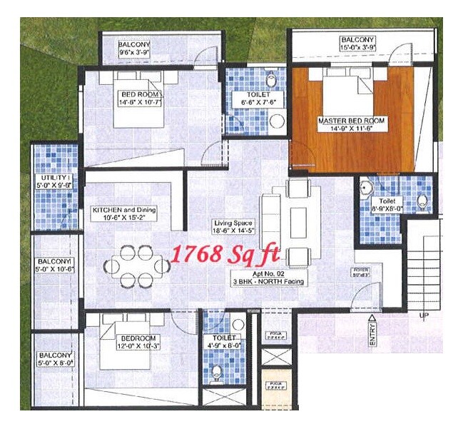 Floor plan of 3 BHK 1768 Sq. Ft. Apartment in Sri Malleshwaram Enclave, Bangalore