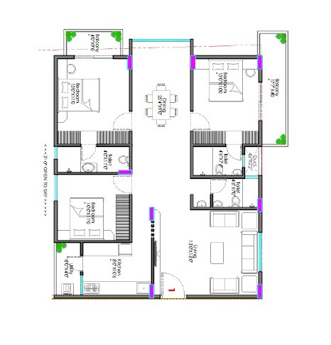 Floor plan of 3 BHK 1530 Sq. Ft. Apartment in Sri MGR Windsor Gardens, Bangalore
