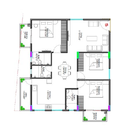 Floor plan of 3 BHK 1740 Sq. Ft. Apartment in Sri MGR Windsor Gardens, Bangalore