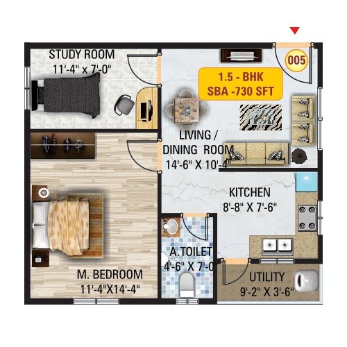 Floor plan of 1 BHK 730 Sq. Ft. Apartment in Sri Mitra Solitaire, Bangalore