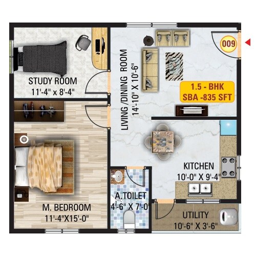 Floor plan of 1 BHK 835 Sq. Ft. Apartment in Sri Mitra Solitaire, Bangalore