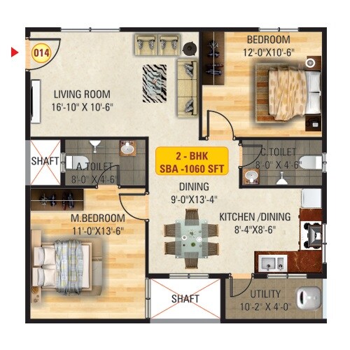 Floor plan of 2 BHK 1060 Sq. Ft. Apartment in Sri Mitra Solitaire, Bangalore