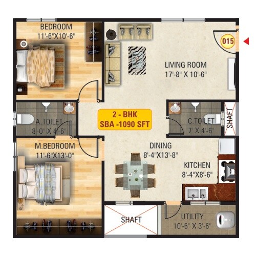 Floor plan of 2 BHK 1090 Sq. Ft. Apartment in Sri Mitra Solitaire, Bangalore