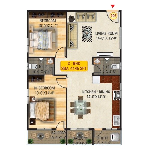 Floor plan of 2 BHK 1145 Sq. Ft. Apartment in Sri Mitra Solitaire, Bangalore