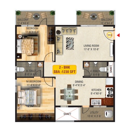 Floor plan of 2 BHK 1230 Sq. Ft. Apartment in Sri Mitra Solitaire, Bangalore