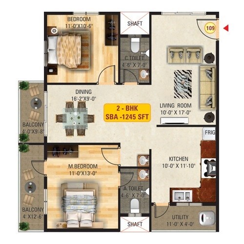 Floor plan of 2 BHK 1245 Sq. Ft. Apartment in Sri Mitra Solitaire, Bangalore